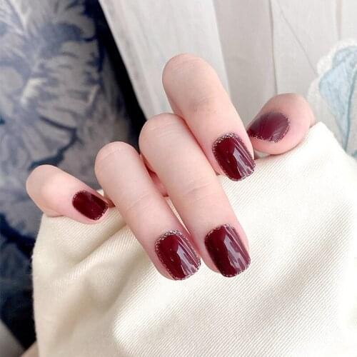24pcs Wine Red Nail Patch Glue Type Removable Short Paragraph Fashion Manicure Save Time False Nail Patch TN