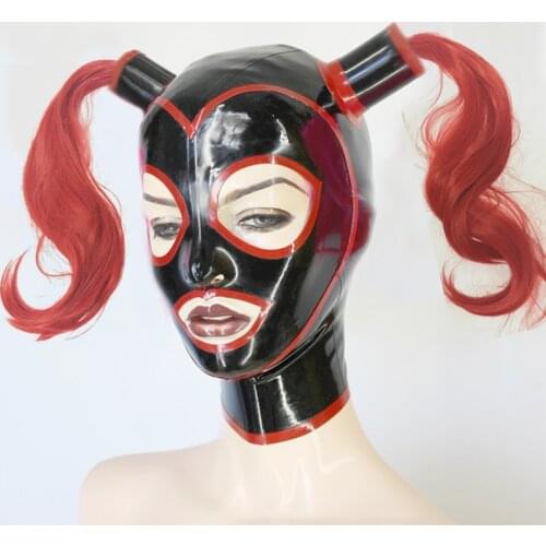 Hot new design sexy lingerie handmade latex spliced woman man unisex mask hoods with red wig back zip Fetish cekc customize size