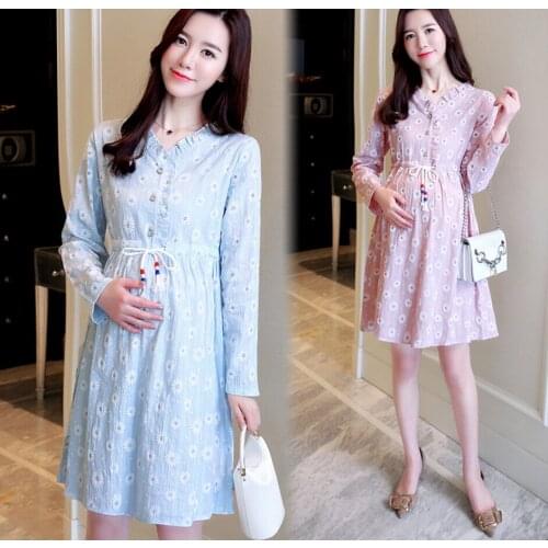 Shorha Slim Ties Waist Printed Cotton Maternity Dress 2018 Spring Fashion Clothes for Pregnant Women Sweet Pregnancy Clothing