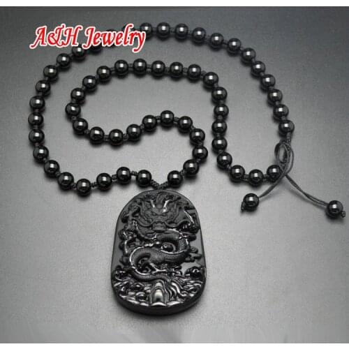 Chinese Symbol of Emperor Dragon Pendant Necklace Natural Black Obsidian Carved Jewelry For Men and Women