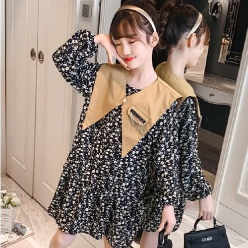 Girls Cute Dresses for 2021 Autumn Childrens Clothing of Kids Shawl Floral Princess Dress Suitable for Girls Aged 5-14