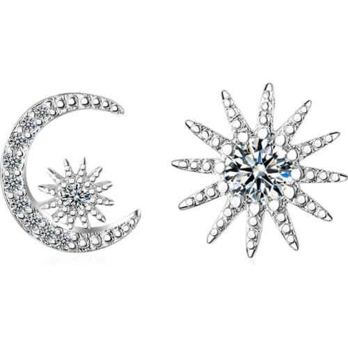 Trendy Moon Star Asymmetric Eearrings for Women Girl 925 Sterling Silver Jewelry aaa Zircon Wedding Stud Earring Female brincos