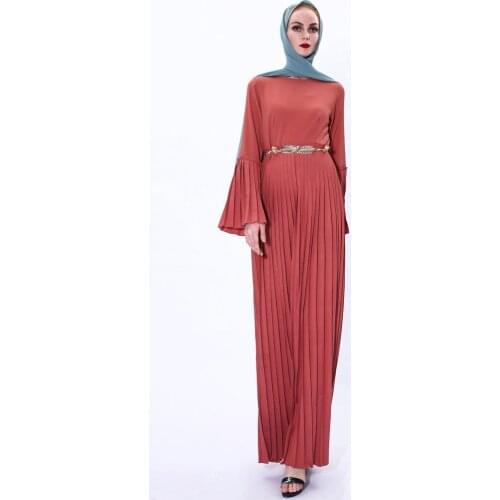 2021 Autumn New Pleated Muslim Ramadan Dress Islamic Flared Sleeve Dress Muslim Abaya European Clothing Musulman