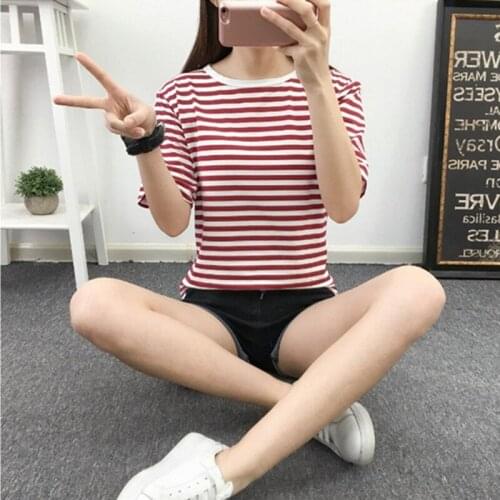 2021 Spring and Summer New Student Round Neck Full Striped Loose Bottoming Shirt Short-sleeved T-shirt Womens Top, Wholesale