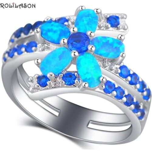 ROLILASON Delicate Flower Design Blue Fire Opal Silver Fashion Jewelry Wedding Rings USA Size #5#6#7#8#9#10 OR879