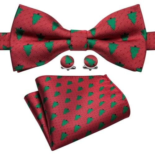 Christmas Bows Tie for Men Red Green Slik Bowtie Set Pocket Square Cufflinks Christmas Tree Bows for Party Barry.Wang WJLH-809