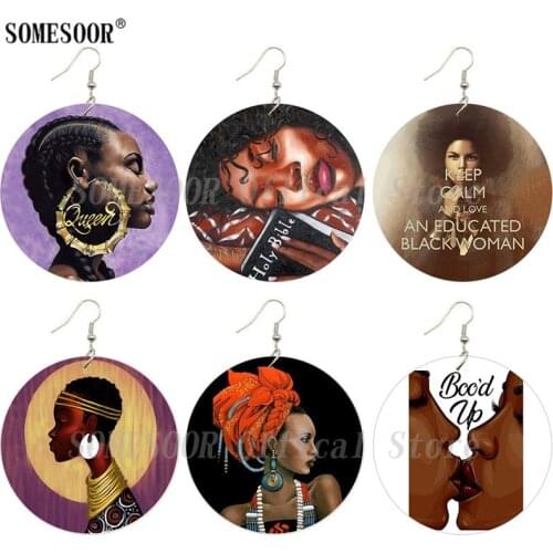 SOMESOOR Printing Black Educated Woman Queen African Wooden Drop Earrings Bood Up 6cm Large Round Wood Pendant Loops For Women