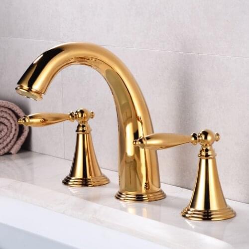 Basin Faucet Luxury Gold Brass Widespread 3 Holes Bathroom Sink Faucet Dual Handles Hot and Cold Water Lavatory Sink Mixer Taps