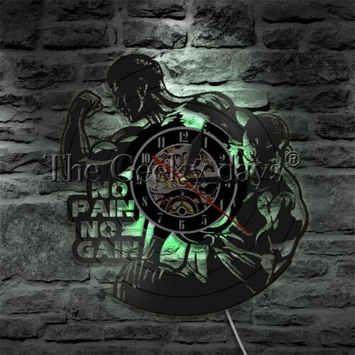 No Pain No Gain LED Lighting Bodybuiling Vinyl Record Wall Clock Gym Fitness Hanging Lamp 3D Lighted Sport Night Lamp