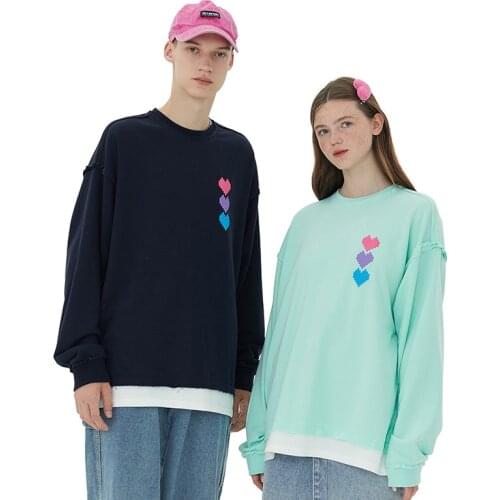 Embossed Fake Two Piece Crewneck Sweatshirt for Men and Women Japanese Harajuku Streetwear Oversized Hip Hop Cotton Sweatshirt