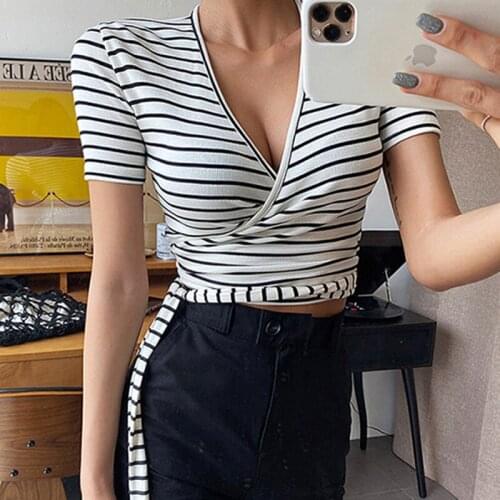 Sexy Bandage Bow Lace Up V-Neck T Shirt Women Short Sleeve Slim Crop Tops Club Female Black White Striped Short Tee Shirt Femme