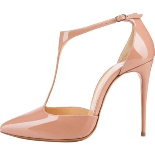 2019 Fashion T-strap High Heel Woman Shoe Sexy Pointed Toe 12cm Thin Heels Dress Shoe Patent Leather Buckle Strap Pumps