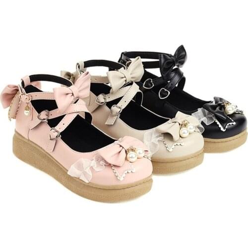 Womens Lolita Round Toe Bowknot Lace Pearls Kawaii Cosplay Shoes Low Heel Plus Size 34-43 Mary Janes Sweet 3Colors Girls New