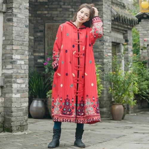 Women Cotton linen Printed Hooded Long Coat Parkas Ladies Thick Warm Winter National Overcoat Female Print Outerwear 2021