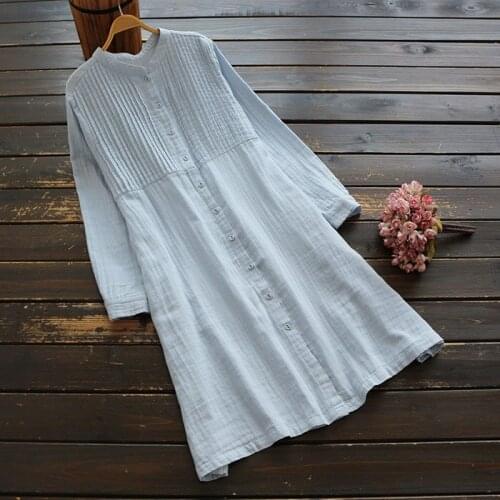 5180 New Spring Autumn Women Cotton Yarn Dress Vintage Big Size Loose Stand Collar Long Sleeve Casual Midi Dresses Women