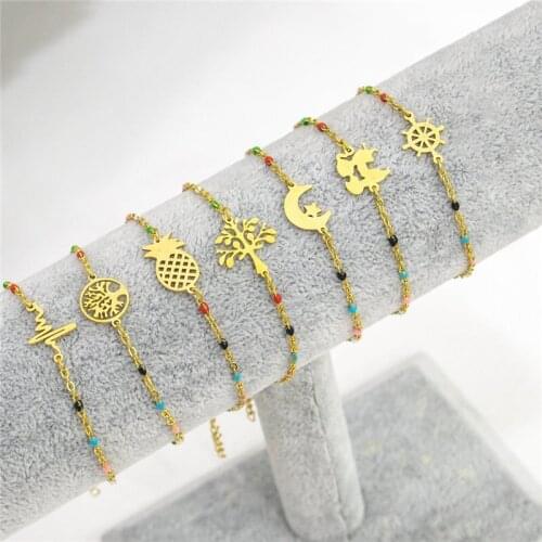 Stainless Steel Bracelets Link Cable Chain Tree Moon Gold Color Random Enamel Trendy Bracelet Jewelry For Women 18cm ,1 PC