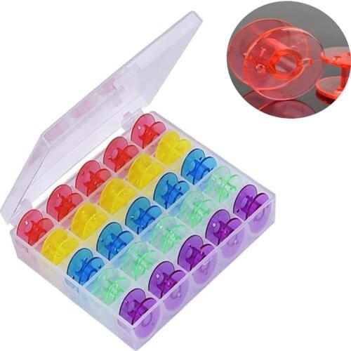 25pcs Coloured Plastic Bobbin Spools Plastic Transparent Bobbin with Storage Cases Needlework Sewing Machine Bobbins Craft Tool