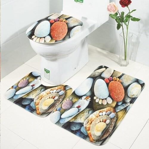 3PCS Toilet Floor Mat Set with Pebble feet Printing Non-Slip absorbent Flannel Bathroom Carpet Toilet Cover and floor Rugs set