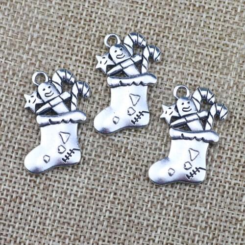 5 Pieces 28*18mm Mixed Alloy Antique Silver Color Christmas Stocking Charms Bracelet Pendant Accessory For DIY Jewelry Making