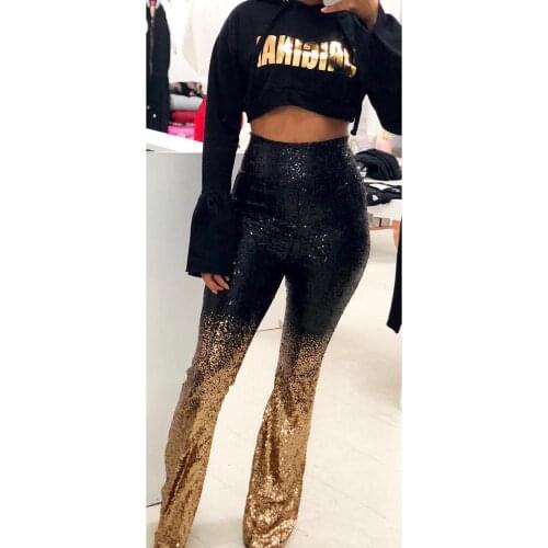 BKLD Womens Long Pants Ladies Black Gold Patchwork Sequin High Waist Wide Leg Pants Bell Bottoms 2019 New Ladies Trousers S-2XL