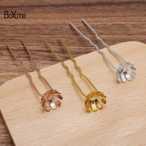 BoYuTe (10 Pieces/Lot) 5*13MM Metal Brass Flower Hairpins Hair Fork Materials Diy Handmade Jewelry Accessories Wholesale