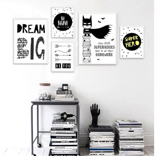 Black And White Cartoon Bat English Motto Proverbs Canvas Paintings Wall Art For Boy Bedroom Decoration Home Decor