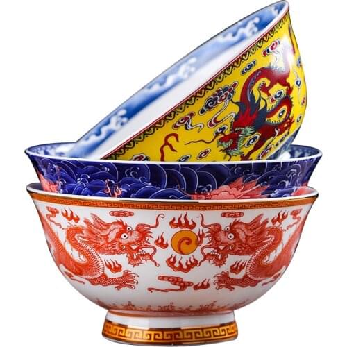 Jingdezhen Ceramic Bone China Noodle Bowl Single Bowl Imitating Ancient Dragon Pattern Longevity Bowl 6-inch High Foot Soup Bowl