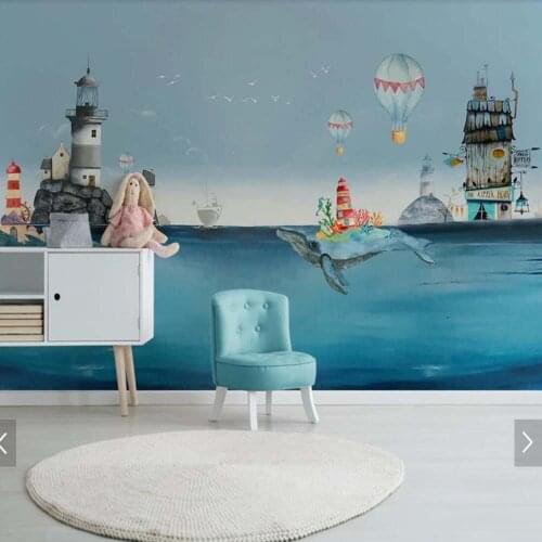 European Novelty Colorful Mediterranean Sea Ocean Whale Kids Bedroom Bedspread Wall Decor Print Painting Photo Wallpaper Mural