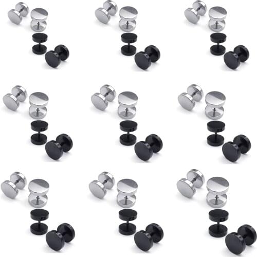 Hot kf-Jewelry Men Earrings, Circle Ear Studs, 2 Pair, Black Silver - Stainless Steel