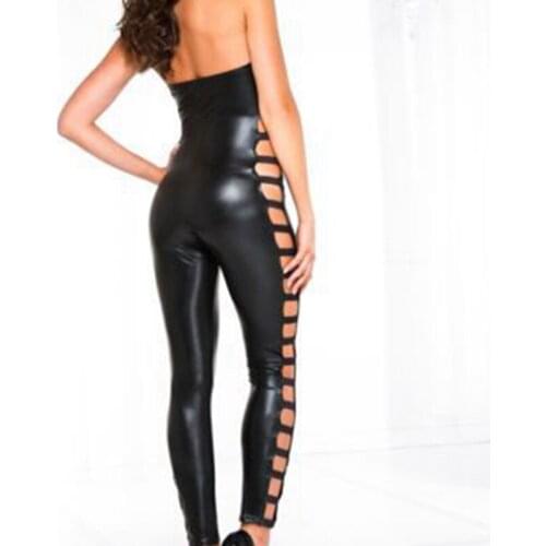 Hot Sale Sexy Women Latex Catsuit Catwomen Latex Bodysuit Hood Faux Leather Up Hollow Out Sexy Erotic Faux Leather jumpsuits