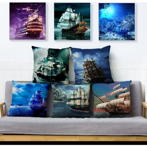 Colorful Vintage European Ship Cushion Cover 45*45cm Square Pillow Cover Linen Pillows Covers for Sofa Car Home Decor Pillowcase