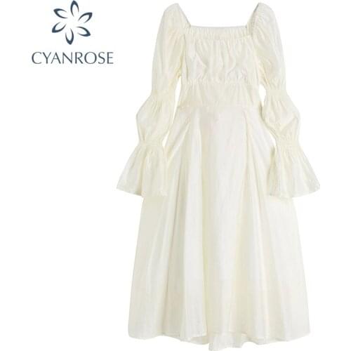 2020 Autumn New Womens Dress French Vintage Sweet Style Hollow-Out Bow Lace-Up Square Collar Puff Sleeve Ladies Long Dresses