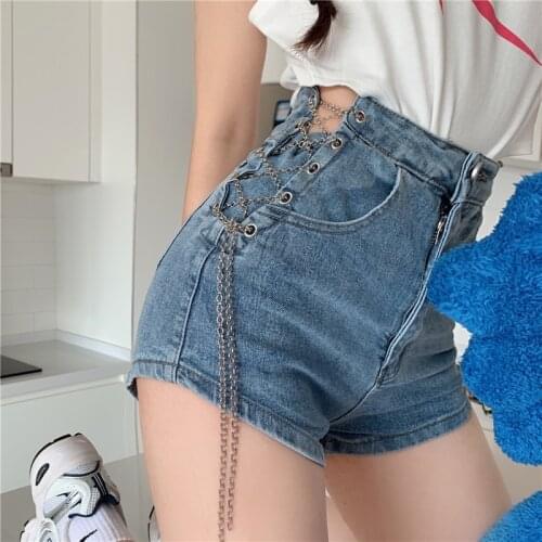Side Chain Drawstring Skinny Booty Shorts for Korean Style Girl Punk Clothes Women High Waisted Sexy Streetwear Denim Club Pants