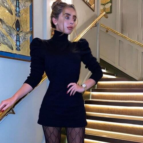 Rollkragen frauen Kleid Langarm Herbst Weichen Sexy Schlank Bodycon Casual Puff Sleeve Elegante Party Mini Kleid Frauen