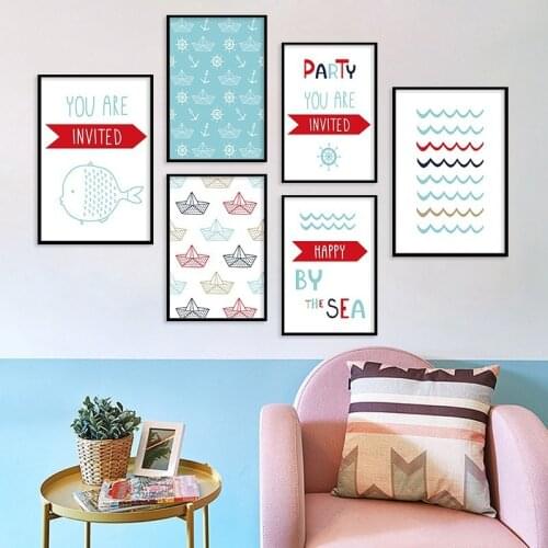 Modern Simple Cartoon Boat Anchor Fish Wave Living Room Decorative Painting Childrens Room Hanging Painting Wall Art Canvas