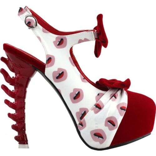 LF80697 Red White Bows Lip Print Slingback Gladiator Platform Bone Heels Club Pumps