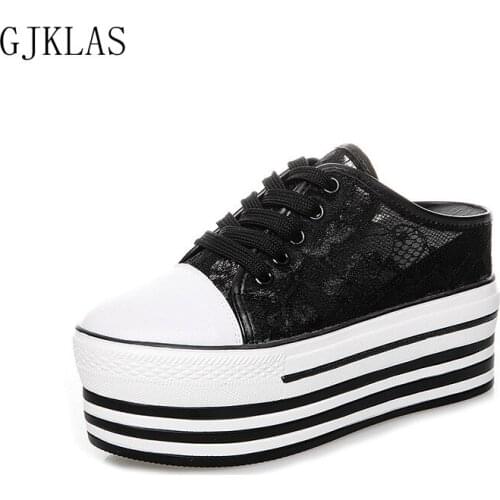 Lace Wedge Sneakers Platform Shoes Woman Slippers Chunky Heel Sneakers Femme New White Black Casual Shoes Womans Half Slippers