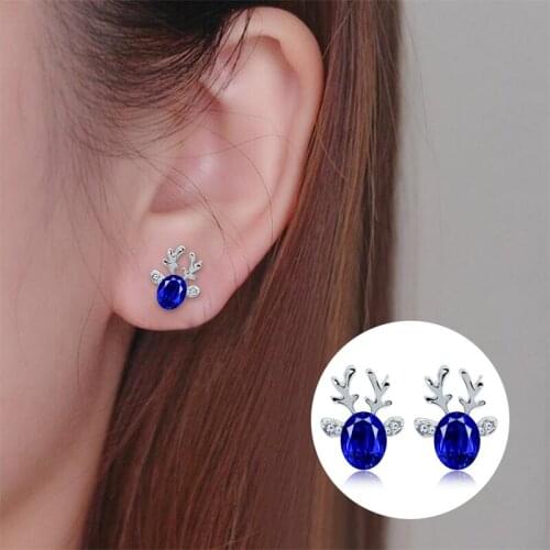 Cute Antler Ear Stud Earrings Crystal Christmas Deer Elk Women Jewelry Gift