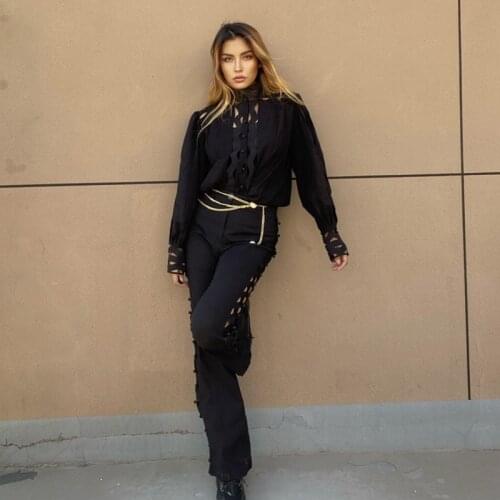 New Spring Shirts Pants Two Piece Set Women Stand Collar Hollow Out Patchwork Lantern Sleeve Blouses+Wide Leg Pants