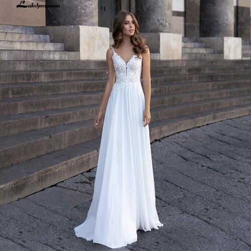 Lakshmigown Boho Wedding Dress 2021 Sexy V neck Spaghetti Straps Lace Chiffon Beach Wedding Dresses Vestido De Novia