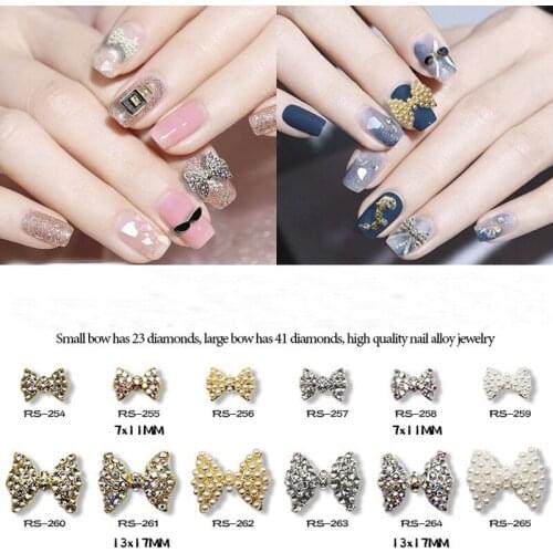 10pcs/lot, 3d Nail Art Elegant Bowknots Designs Alloy With Pearls Crystal Rhinestones Nail Tips Beauty