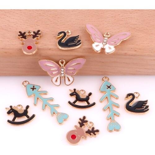 10Pcs/lot Mix Animal Series Enamel Butterfly Swan Drop Charms Deer And Trojan Horse Pendant Necklaces Jewelry Wholesale