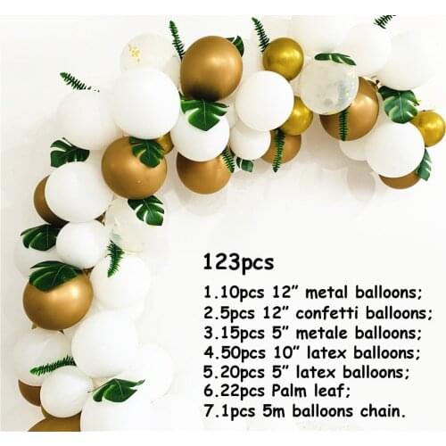 123 pcs Ins Hawaiian Theme Gold and white Balloons with Artificial leaves Decoration for Wedding Babyshower Birthday Background