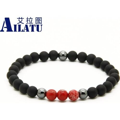 Ailatu Fashion Natural Black Round Beads with Sea Sediment Stone Couples Lucky Bracelet Party Gift for Friend