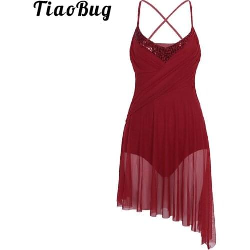 TiaoBug Spaghetti Straps Shiny Sequins Gymnastics Leotard Ballet Dress Women Adult Skating Contemporary Lyrical Dance Costumes