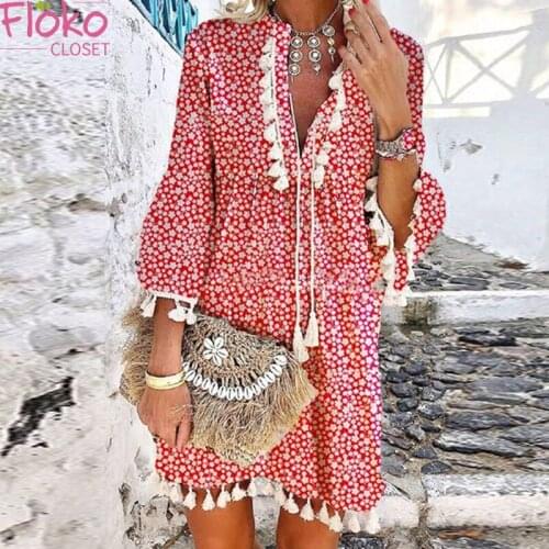 Flokocloset Summer V-Neck Petal Sleeve Print Boho Mini Dress Casual Tassel Party Beach A-LINE Sundress