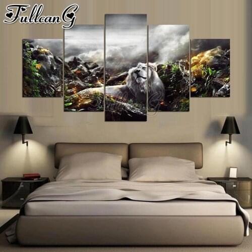 FULLCANG Animal lion 5 piece diy diamond painting full square round drill 3d mosaic embroidery sale home decoration FC2932