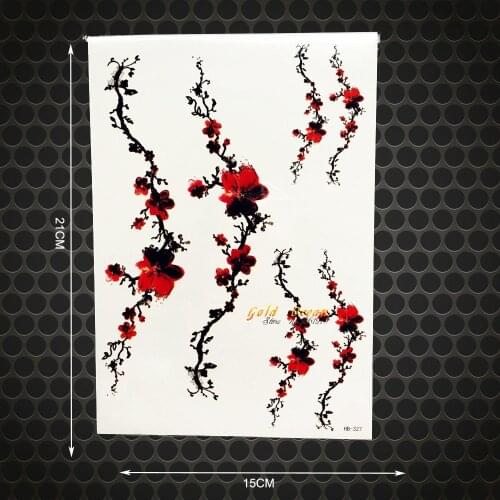 Hot Fashion Plum Blossom Temporary Tattoo Body Art Sleeve Flash Tattoo 21*15CM Big Sexy Red Sakura Flower Women Makeup Selfie