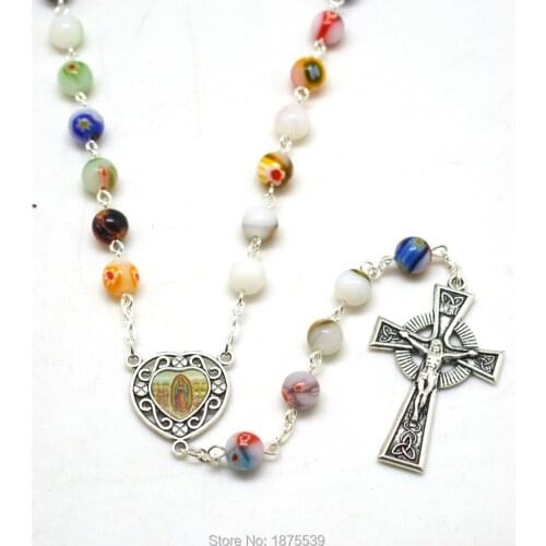 Jesus Christ Rosary Necklaces Colorful Glass 8 mm Bead Virgin Mary Our Lady of Guadalupe
