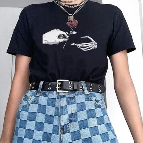 Kawaii Skeleton Hand Rose Gothic Manga T Shirt Goth Grunge Streetwear Top 90s Egirl Aesthetic Women T-Shirts Harajuku Clothes